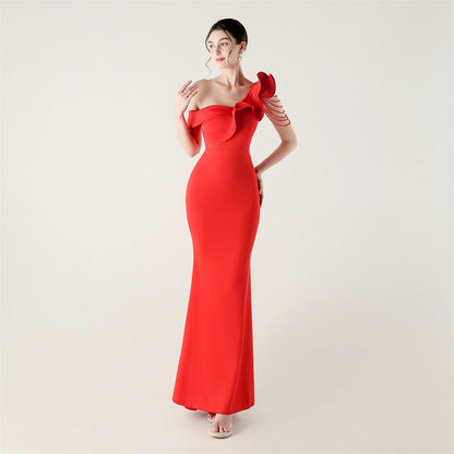 Ruffled One Shoulder Heavy Industry Beads String Slim Fit Satin Fishtail Evening Dress Wedding Red Carpet Cocktail Dress