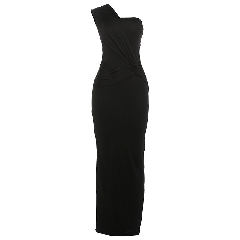 Women Clothing Fashionable Shoulder Pleated Stitching Sexy Slim Hip Sexy Dress