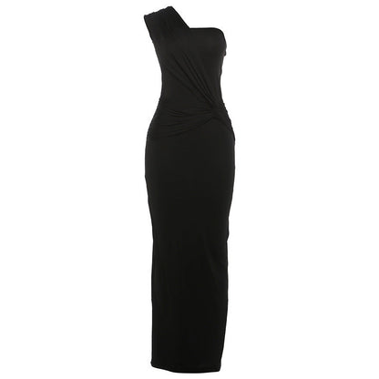 Women Clothing Fashionable Shoulder Pleated Stitching Sexy Slim Hip Sexy Dress