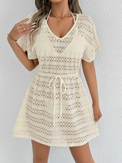 Women Blouse Women Sexy See through Lace Dress Holiday Beach Dress Drawstring Fitted Waist Bowknot Tied Dress