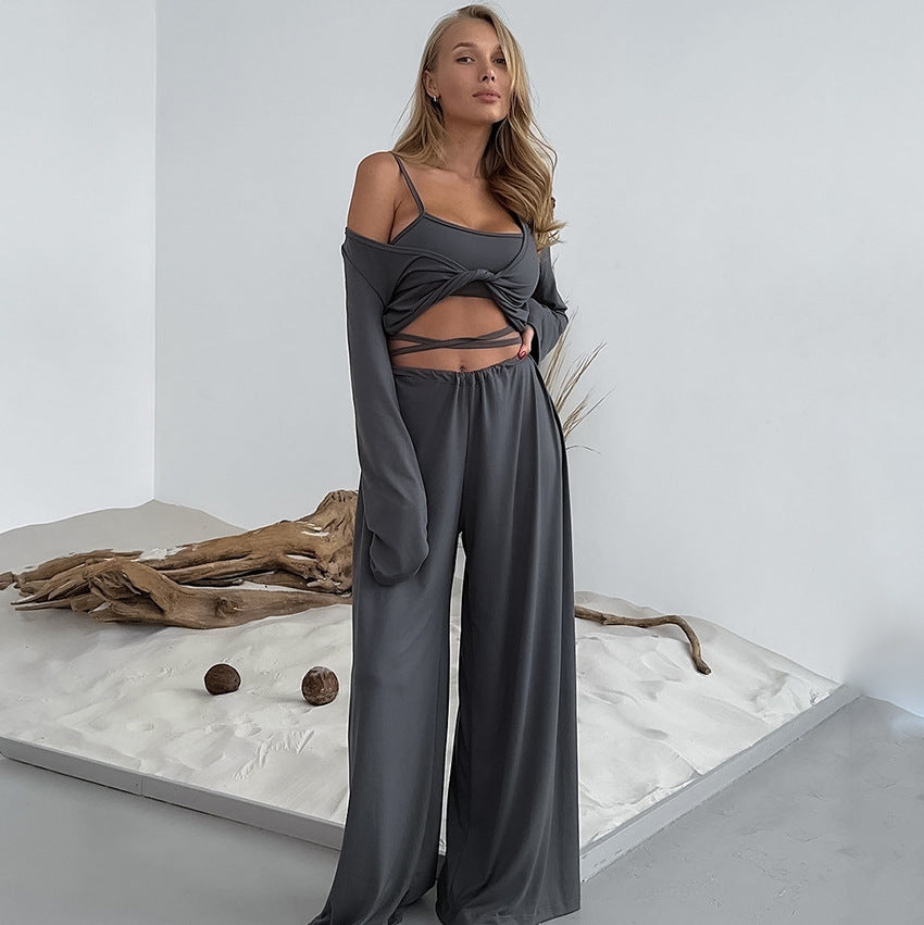 Suspender Top Trousers Long Sleeve Three Piece Set Comfortable Pajamas Autumn Knit Casual Homewear