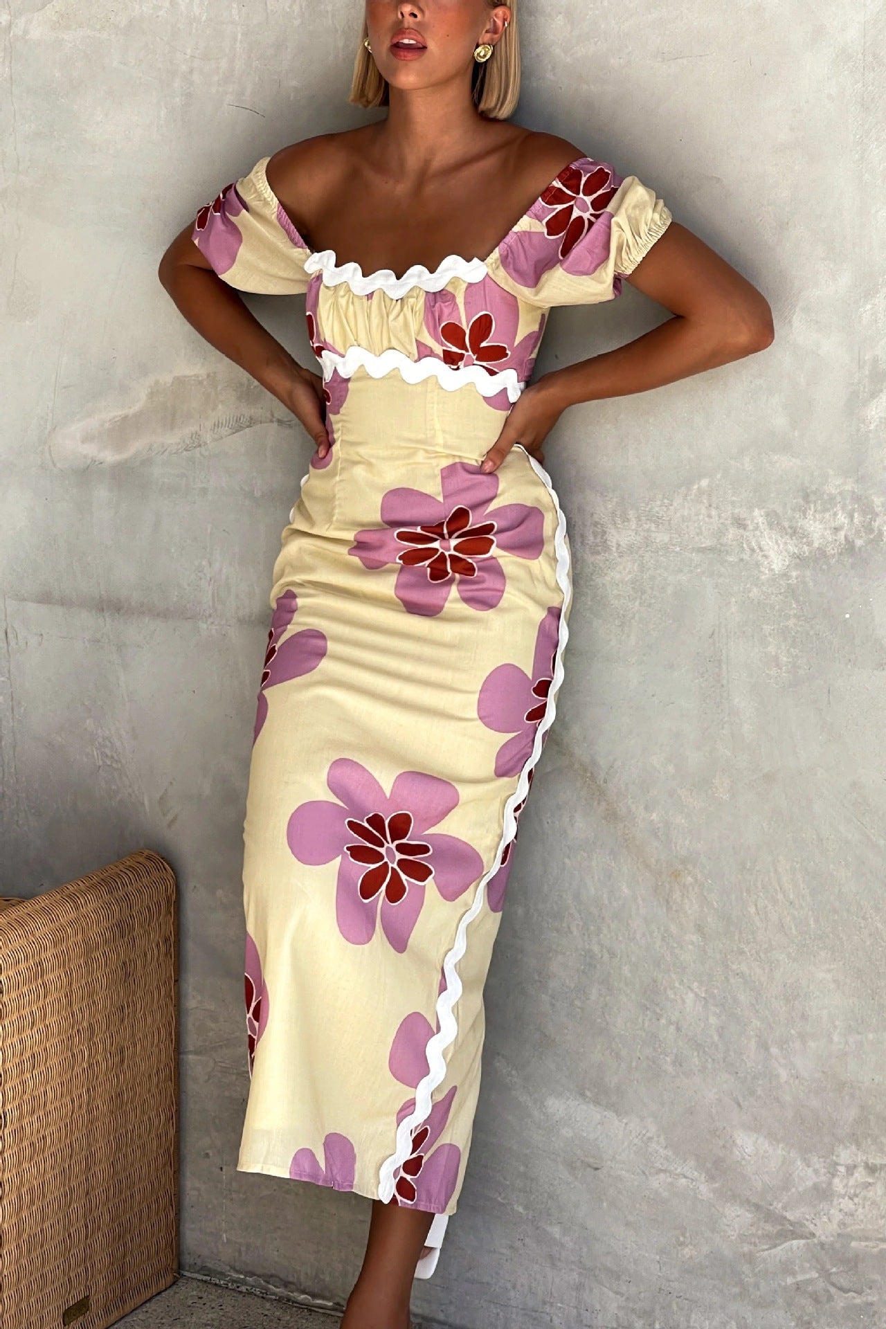Spring Summer Linen Printing Dress Split Holiday Dress Dress Women