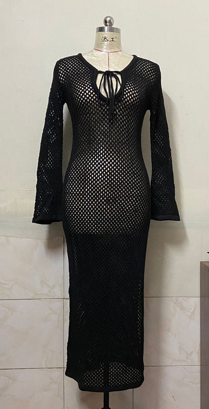 Summer Beach Sun Protection Dress Sexy Knitted Hollow Out Cutout out See-through Seaside Vacation Dress Women
