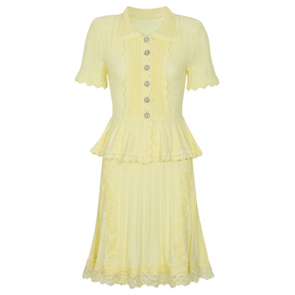 Summer Ladies Internet Popular Slim Fitting Slimming Pearl Buckle Faux Two Pieces Short Sleeve Dress