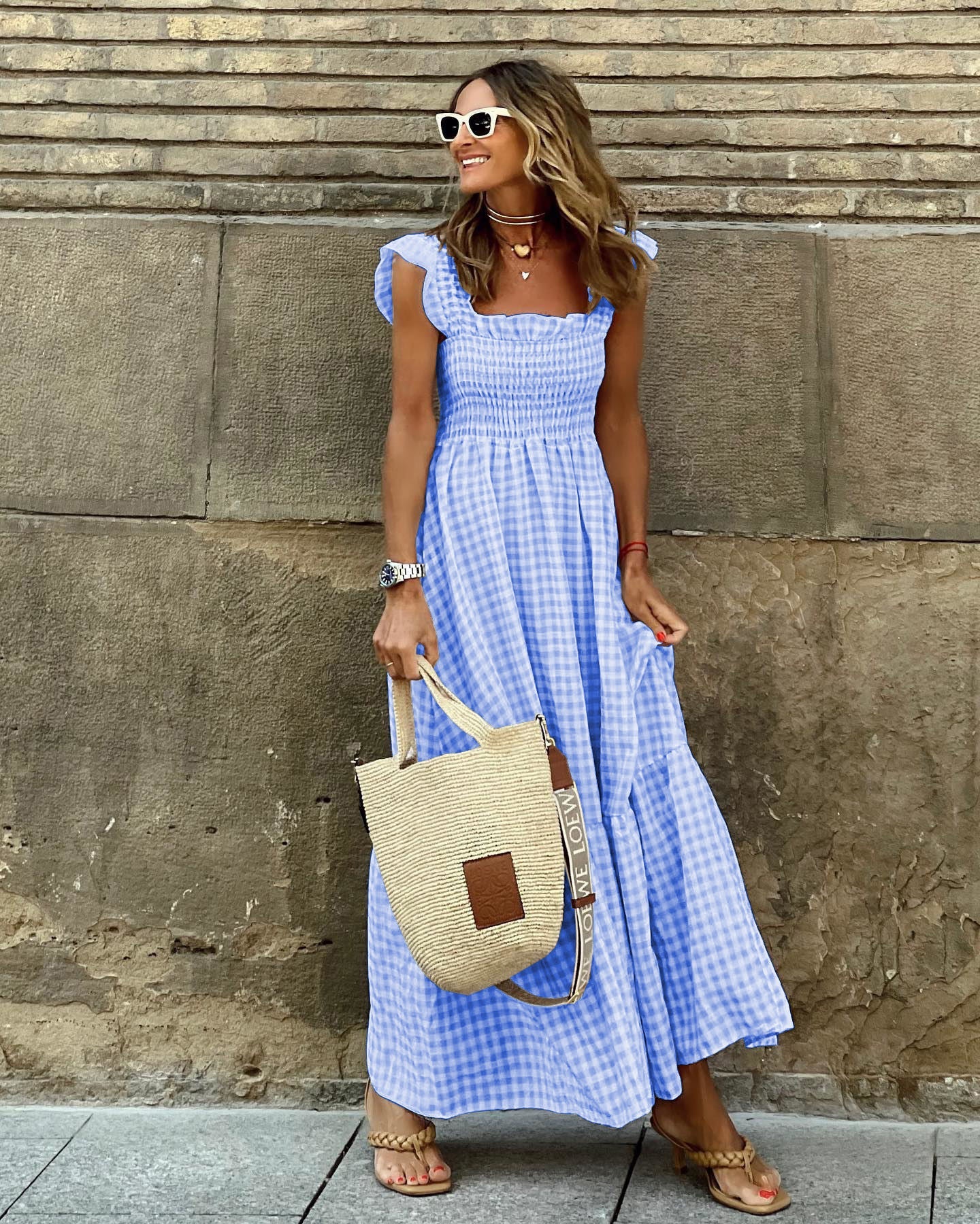 Summer Women Patchwork Plaid Sling Elastic Swing Dress