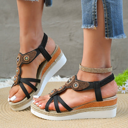 Rhinestone Beaded Elastic Band Wedge Sandals Women Ethnic Mid Heel Lightweight Casual Beach Sandals