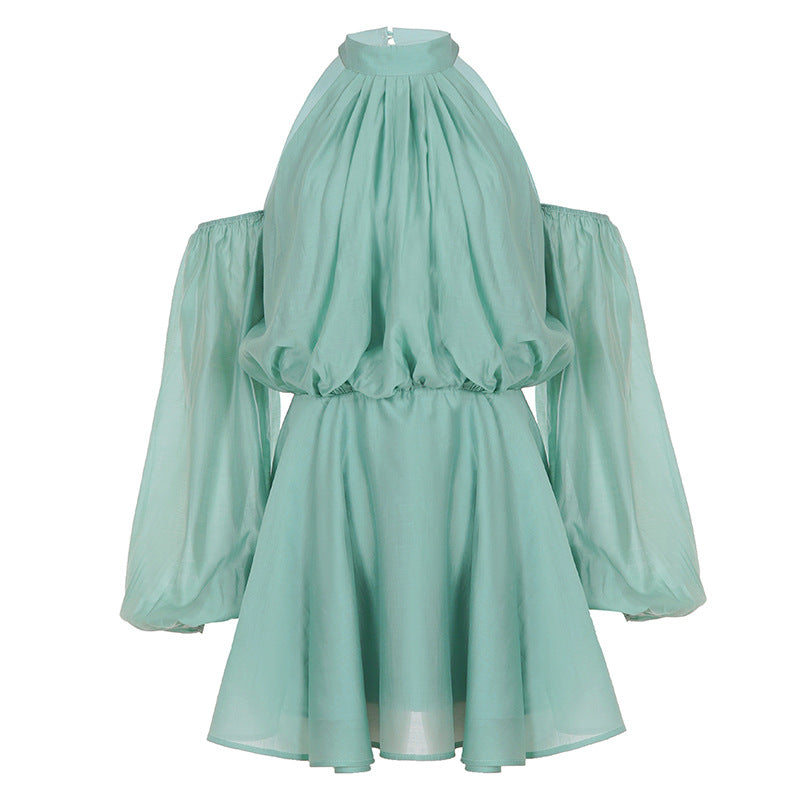 French Elegant Socialite off Shoulder Halter Hollow Out Cutout Backless Dress Fashionable Island Vacation Light Pettiskirt Women