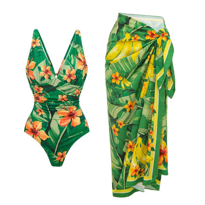 Swimsuit Green Banana Floral Print One Piece Swimsuit Set Women