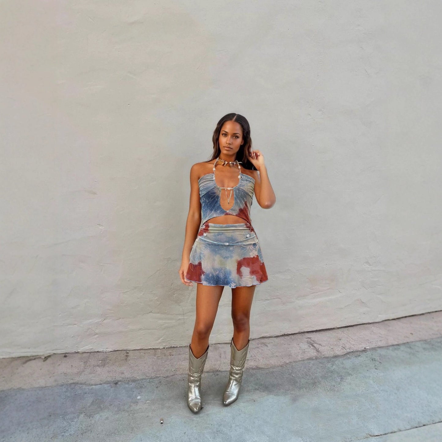 Summer Sexy Contrast Color Backless Bare Cropped Chain Hollow Out Cutout out Stitching Dress