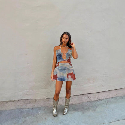 Summer Sexy Contrast Color Backless Bare Cropped Chain Hollow Out Cutout out Stitching Dress