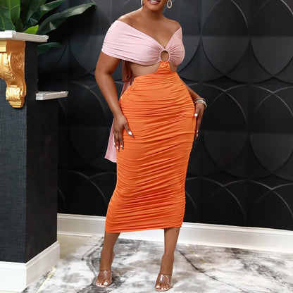 Women Wear Summer Backless Lace-up Wrapped Chest Pleated Sexy Color Block Dress