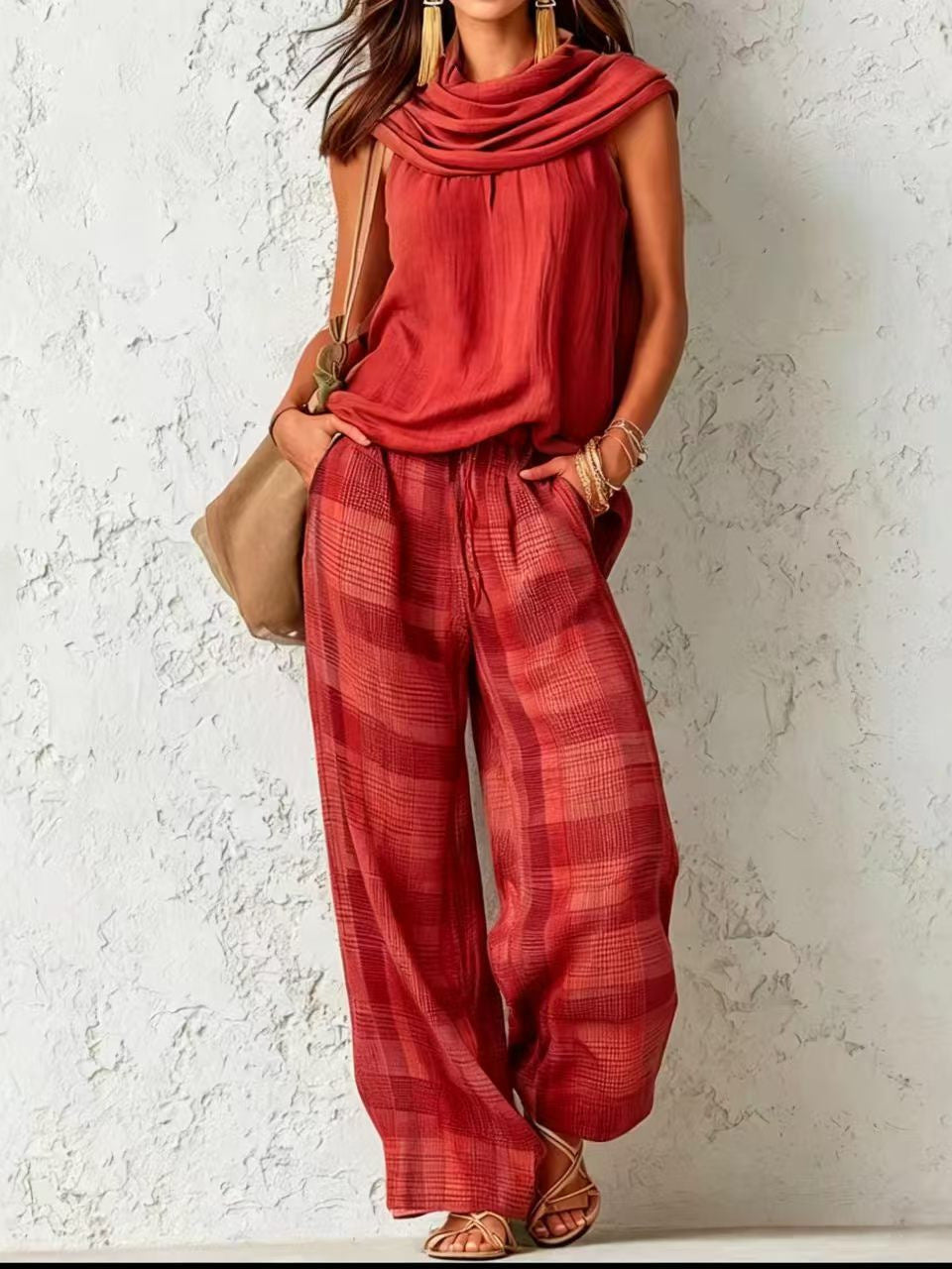 Women Retro Casual Sleeveless Top Plaid Pants Two Piece Sets
