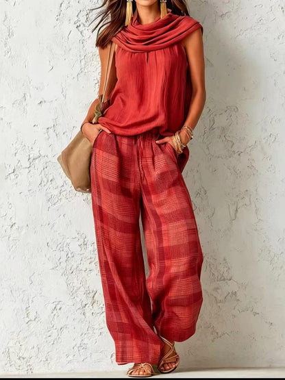 Women Retro Casual Sleeveless Top Plaid Pants Two Piece Sets