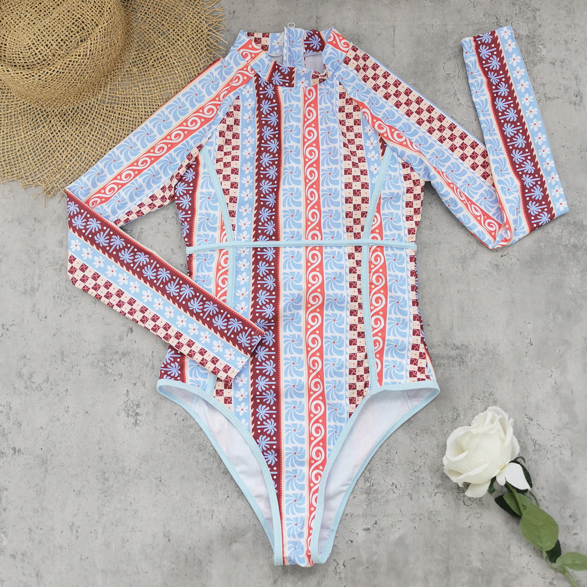 Striped Printed Long Sleeve Zipper Briefs Surfing Set One Piece Swimsuit Women