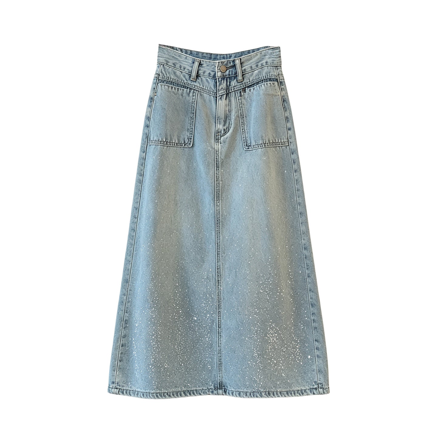 Popular Light Blue Rhinestone Denim Skirt Women Summer High Waist Slimming A line Midi Skirt