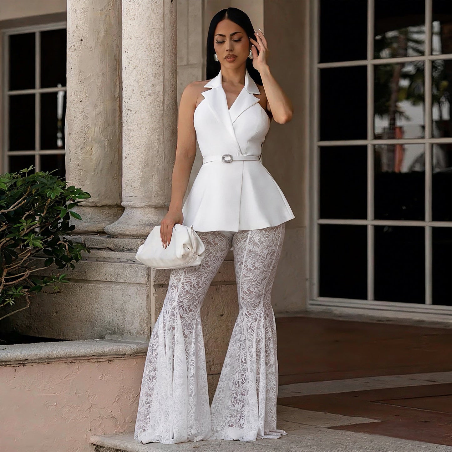 Sleeveless Backless Sexy Lace Bell Bottom Pants Two Piece Set