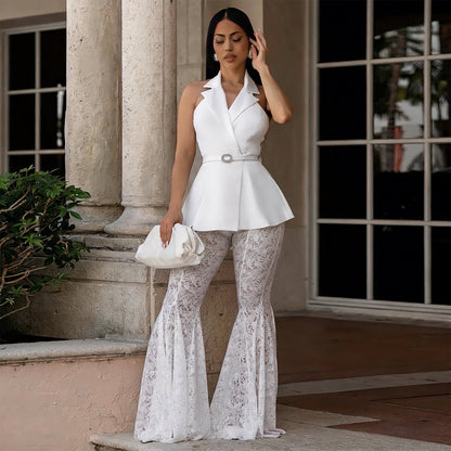 Sleeveless Backless Sexy Lace Bell Bottom Pants Two Piece Set