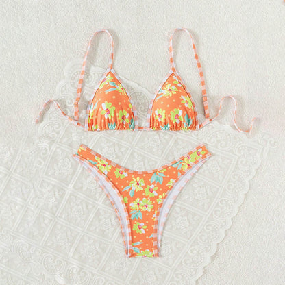 Printed Lace up Bikini Swimsuit Women Holiday Spring Beach Swimsuit