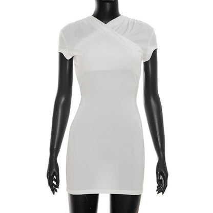 Women Clothing Summer Solid Color Casual Short Sleeve Front Cross Back Exposed Hollow Out Cutout Out Short Dress