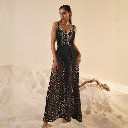 Swimsuit black laser Hollow Out Cutout high end swimsuit set women maxi dress one size fits all