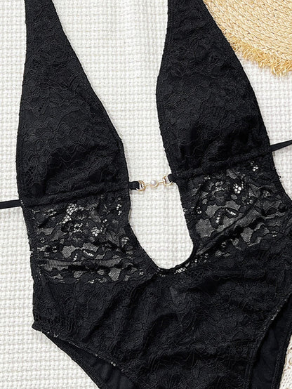 Solid Color Sexy Slim Lace Stitching Halter Big Backless Swimsuit