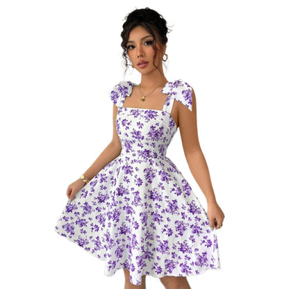 Women Clothing Floral Print High Waist Lace up Sweet A line Large Hem Dress