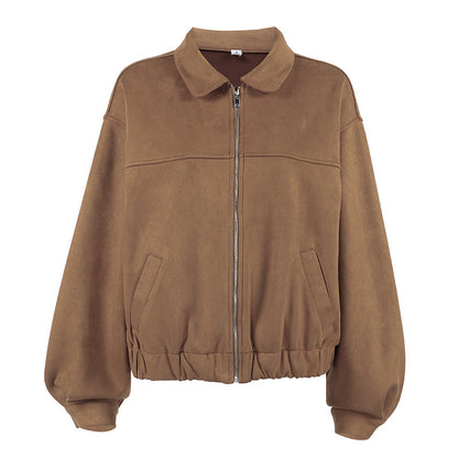 Autumn Winter Retro British Leather Coat Women Loose Zip Suede Fabric Jacket