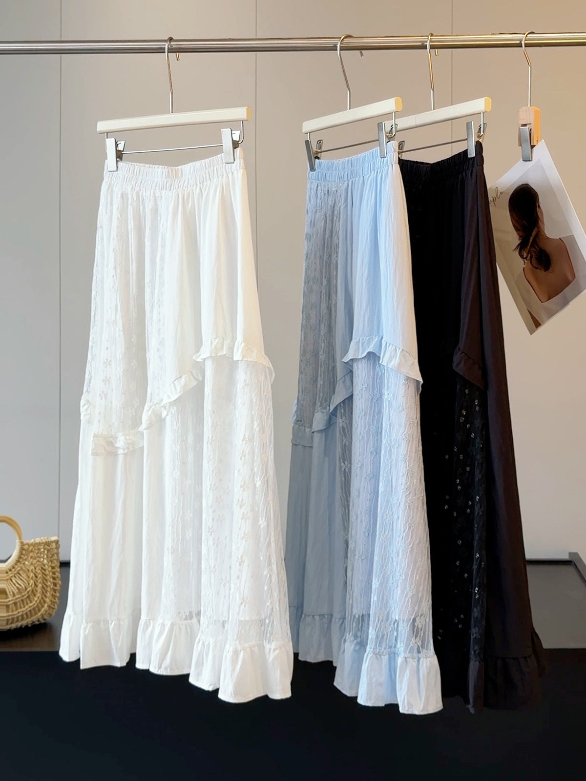 French Design Lace Stitching Skirt Women Summer High Waist Slimming A line Mid Length Tiered