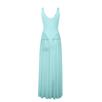 Autumn Sexy Maxi Dress Vacation Slim Fit Mesh A Line Dress