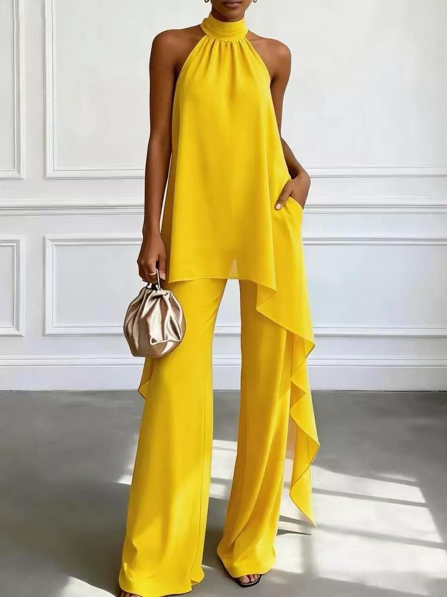 Elegant Halter Sleeve Chiffon Two Piece Sets