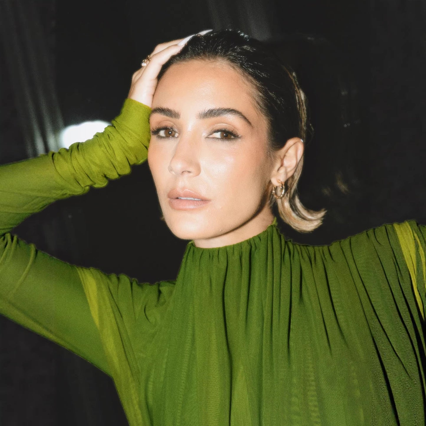 Dress Winter round Neck Green Pleated Long Sleeve