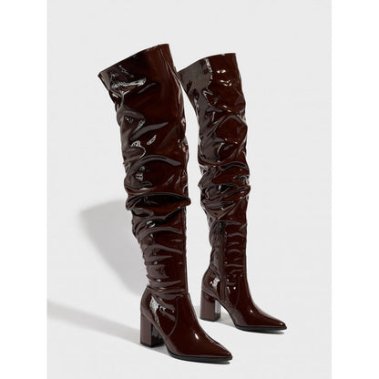 Pointed Toe Thick Heel Bright Leather Natural Wrinkle Side Zipper Comfortable Qualcomm Women Boots