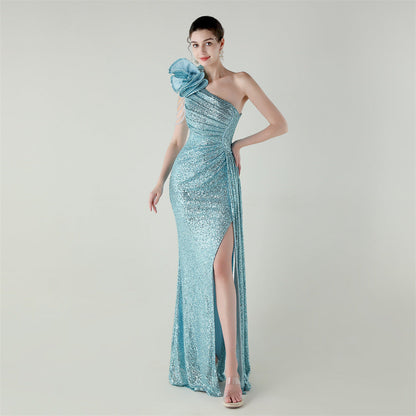 Craft Floral Beaded One Shoulder Diagonal Collar Fishtail Evening Dress Dinner Wedding Awards Ceremony Social Dress
