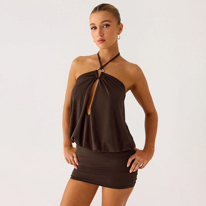 Women Clothing Summer Solid Color Halter Lace up Cutout Bud Backless Sheath Short Dress