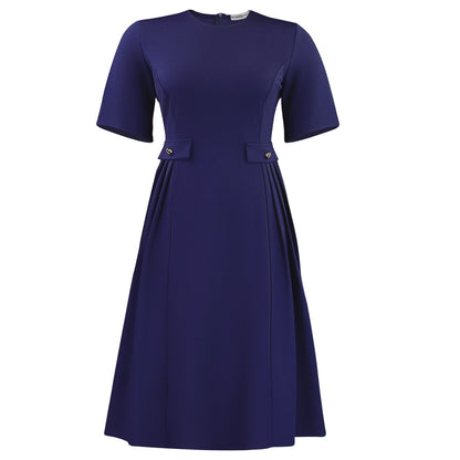 Women Wear Summer round Neck Short Sleeve Elegant Solid Color Midi Dress