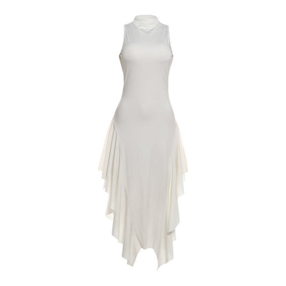 Summer Women Elegant Slim Stand Collar Irregular Asymmetric Skirt Socialite Dress