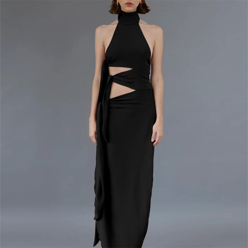 Sexy Hollow Out Cutout Backless Stitching Strap Long Slit Halter Dress Women