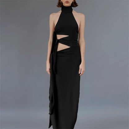 Sexy Hollow Out Cutout Backless Stitching Strap Long Slit Halter Dress Women