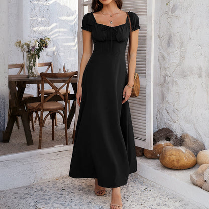 Spring Summer Elegant Solid Color Tied Pleating Puff Sleeve French Dress Women Clothing
