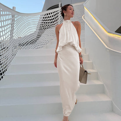 Satin Light Luxury Design Apricot Halter Lace up Backless Slim Fit Sleeveless Women Summer Dress