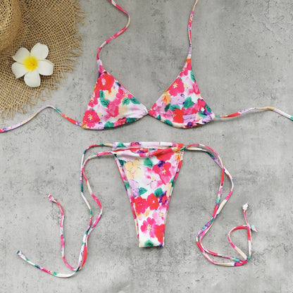 Lace up Sexy Three Point Bikini Small Fresh Printed Split Swimsuit Women Bikini