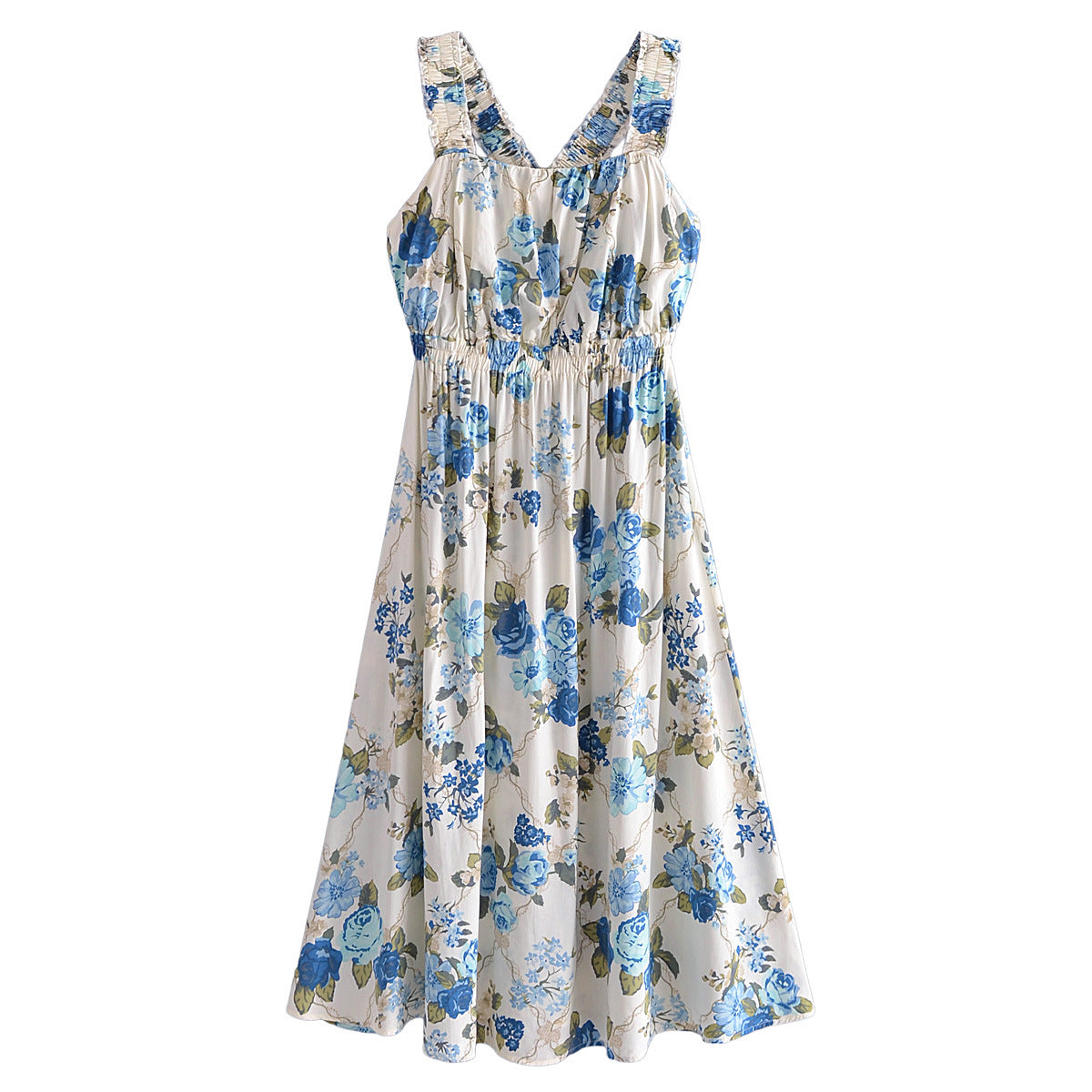 Vacation Summer Cross Backless Rayon Printing Slip Dress