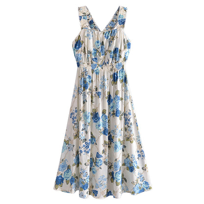 Vacation Summer Cross Backless Rayon Printing Slip Dress