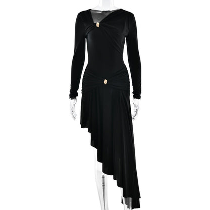 Autumn Winter Graceful Fashionable Women Slim Dress Sexy Pleated Irregular Asymmetric Maxi Dress