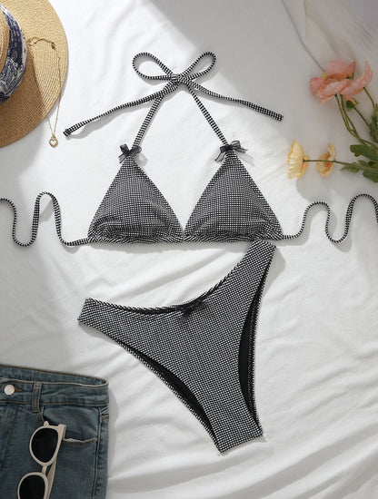 Black White Lattice Pattern Bow Halter Bikini Two Piece Sets