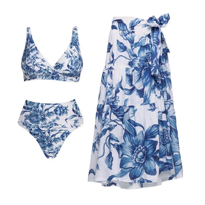 Swimsuit Blue Color Floral Vacation Swimsuit Women Long Skirt