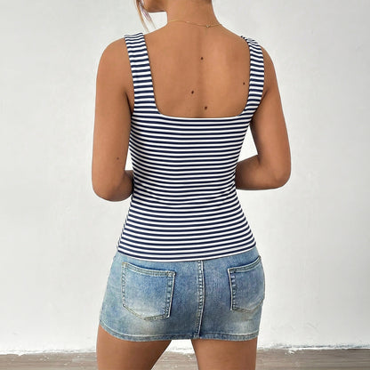 Minimal Art Casual Square Collar Striped Slim Fitting Suspenders Vest Women Clothing Summer