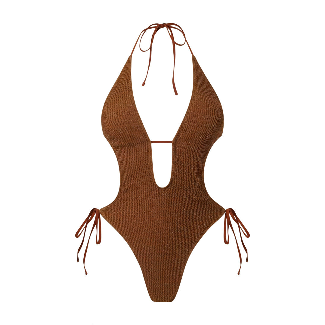 Bikini Sexy Deep V Plunge Lace up Halterneck Backless Siamese Women Swimsuit