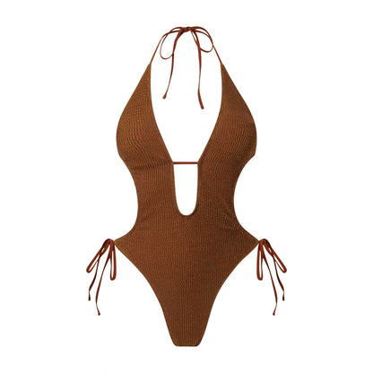Bikini Sexy Deep V Plunge Lace up Halterneck Backless Siamese Women Swimsuit