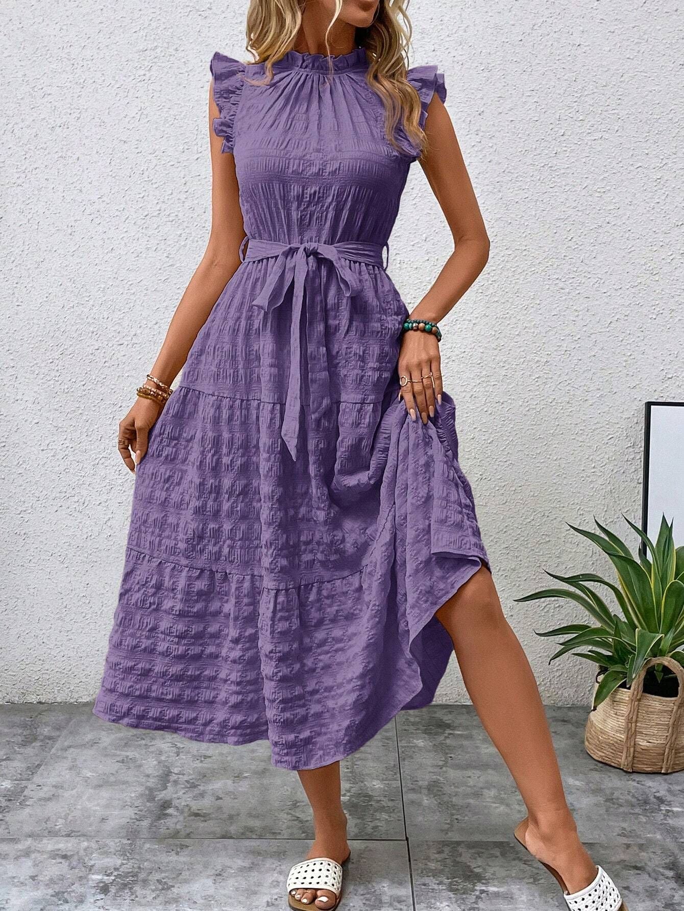Women Clothing Summer Fashionable Stringy Selvedge Flying Sleeves Lace Up Texture Dress